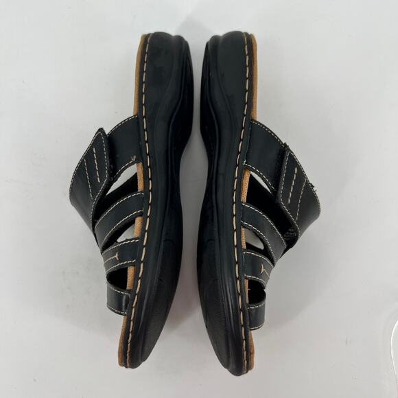 Clarks Comfort Slide Sandals Womens 7M Black Leather White Whip Stitch Open Toe - Picture 7 of 9